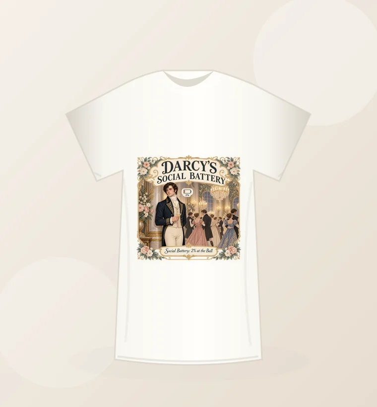 Darcy social battery artwork on a cream t-shirt